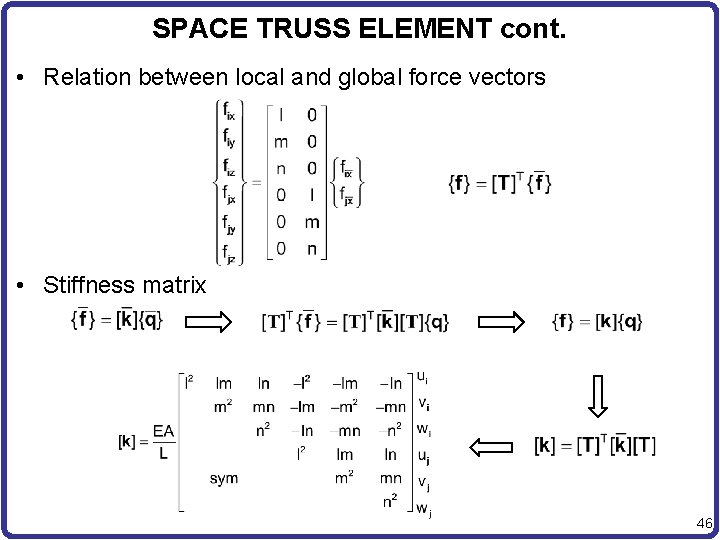 SPACE TRUSS ELEMENT cont. • Relation between local and global force vectors • Stiffness