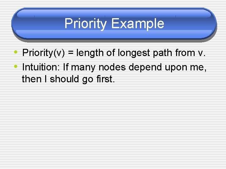 Priority Example • Priority(v) = length of longest path from v. • Intuition: If