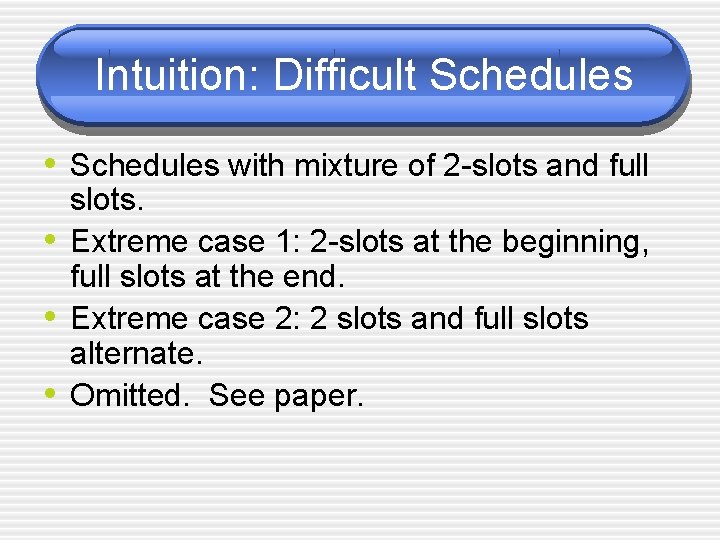 Intuition: Difficult Schedules • Schedules with mixture of 2 -slots and full • •