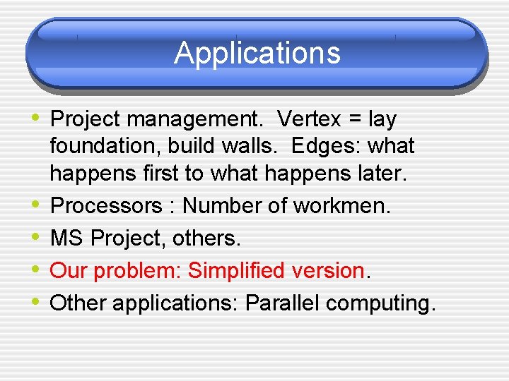 Applications • Project management. Vertex = lay • • foundation, build walls. Edges: what