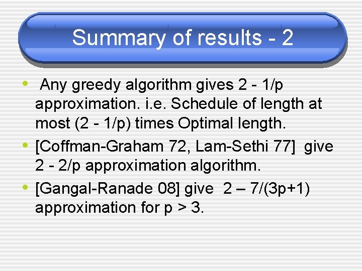 Summary of results - 2 • Any greedy algorithm gives 2 - 1/p •