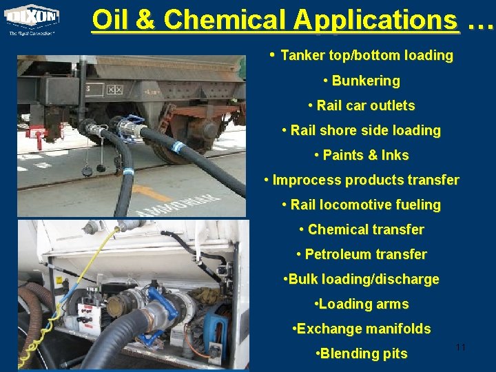 Oil & Chemical Applications … • Tanker top/bottom loading • Bunkering • Rail car