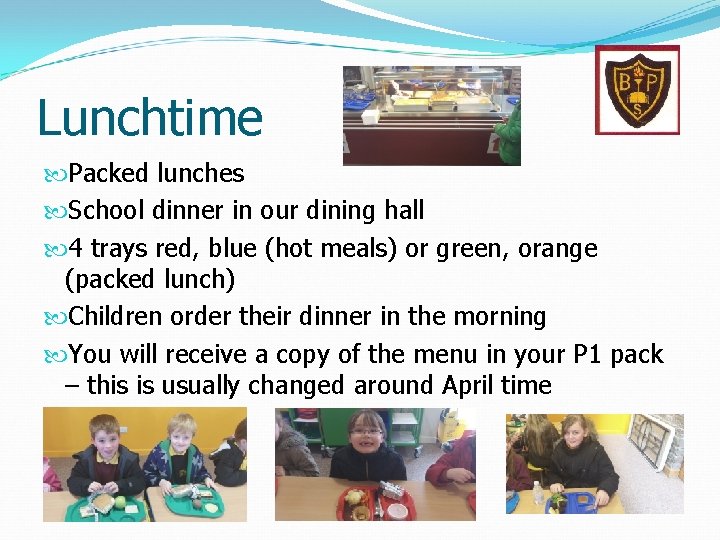 Lunchtime Packed lunches School dinner in our dining hall 4 trays red, blue (hot