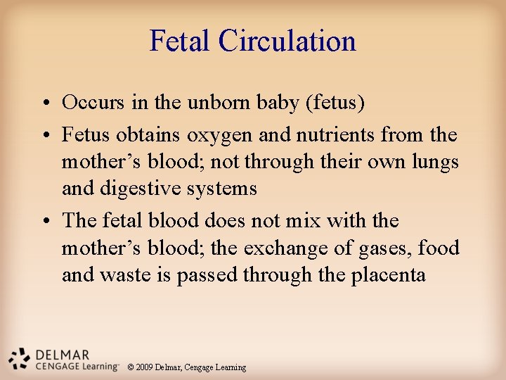 Fetal Circulation • Occurs in the unborn baby (fetus) • Fetus obtains oxygen and
