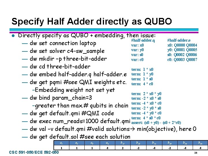 Specify Half Adder directly as QUBO l Directly specify as QUBO + embedding, then