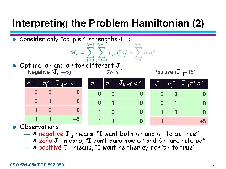 Interpreting the Problem Hamiltonian (2) l Consider only “coupler” strengths Ji, j : l