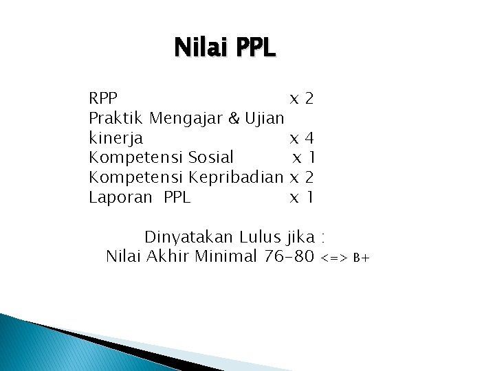 Nilai PPL RPP x 2 Praktik Mengajar & Ujian kinerja x 4 Kompetensi Sosial