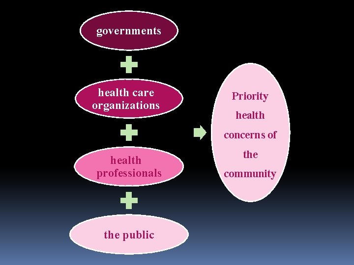 governments health care organizations Priority health concerns of health professionals the public the community governments health care organizations Priority health concerns of health professionals the public the community