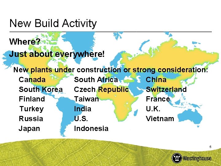 New Build Activity Where? Just about everywhere! New plants under construction or strong consideration: