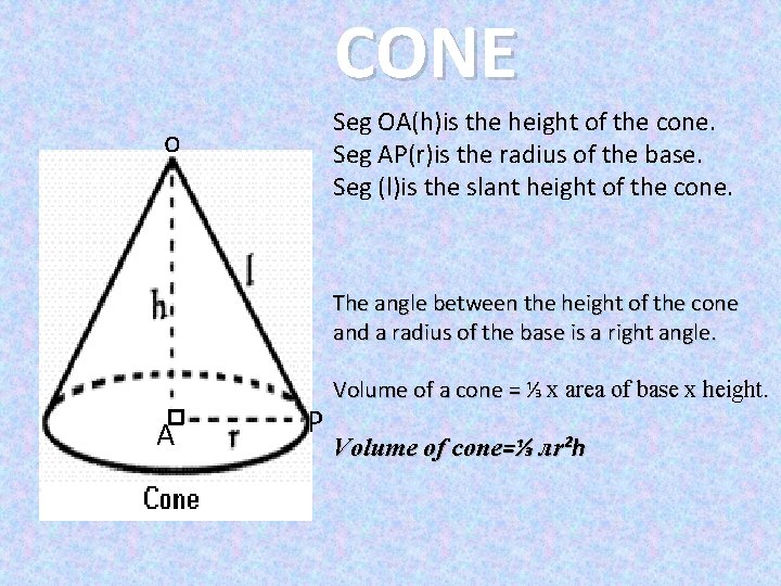 CONE Seg OA(h)is the height of the cone. Seg AP(r)is the radius of the