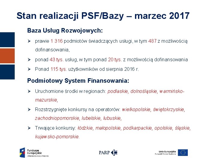Stan realizacji PSF/Bazy – marzec 2017 Baza Usług Rozwojowych: Ø prawie 1 316 podmiotów