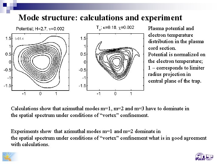 Mode structure: calculations and experiment Plasma potential and electron temperature distribution in the plasma