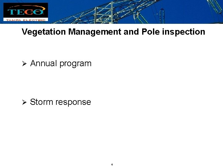 Vegetation Management and Pole inspection Ø Annual program Ø Storm response 6 