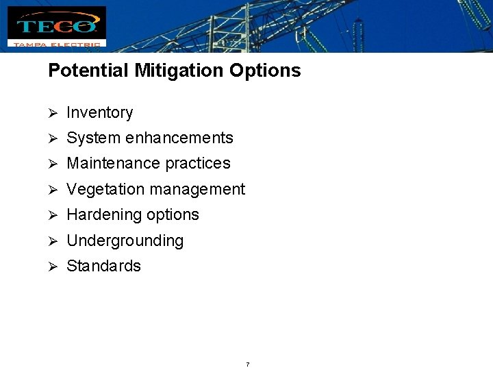 Potential Mitigation Options Ø Inventory Ø System enhancements Ø Maintenance practices Ø Vegetation management