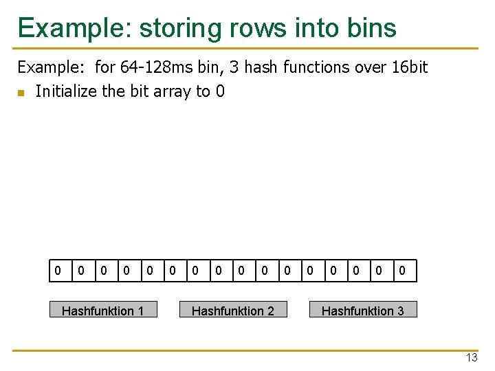 Example: storing rows into bins Example: for 64 -128 ms bin, 3 hash functions