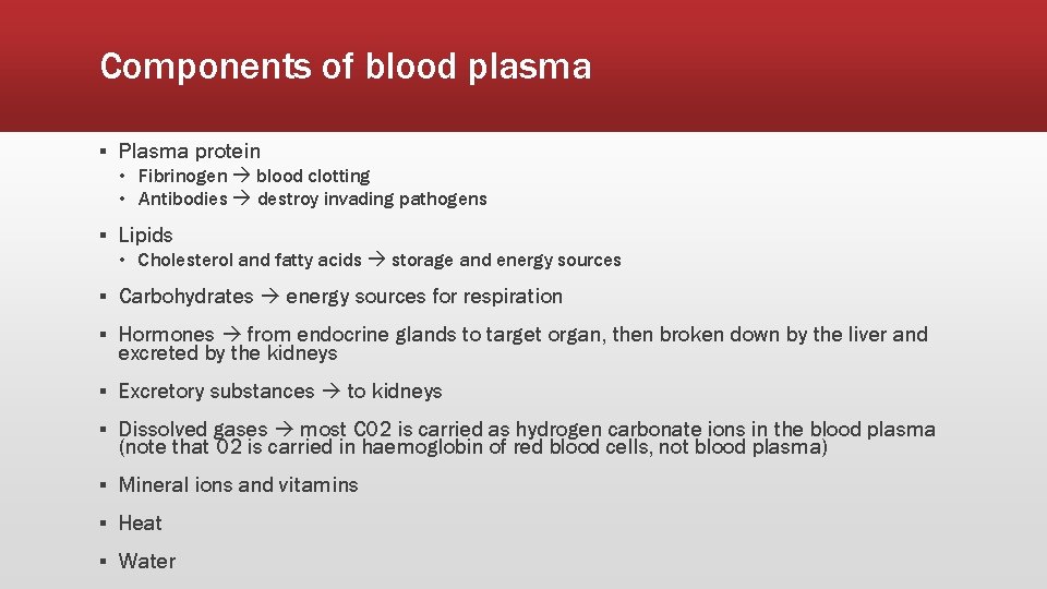 Components of blood plasma ▪ Plasma protein • Fibrinogen blood clotting • Antibodies destroy