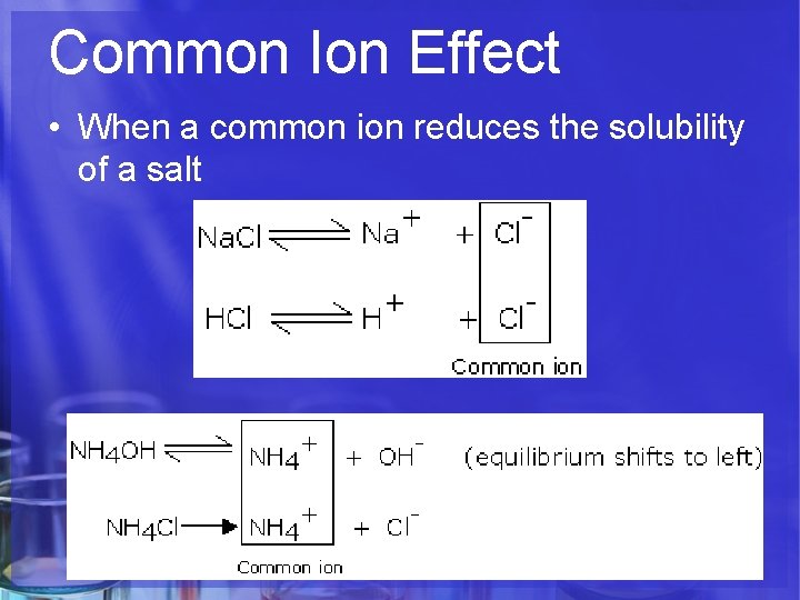 Common Ion Effect • When a common ion reduces the solubility of a salt