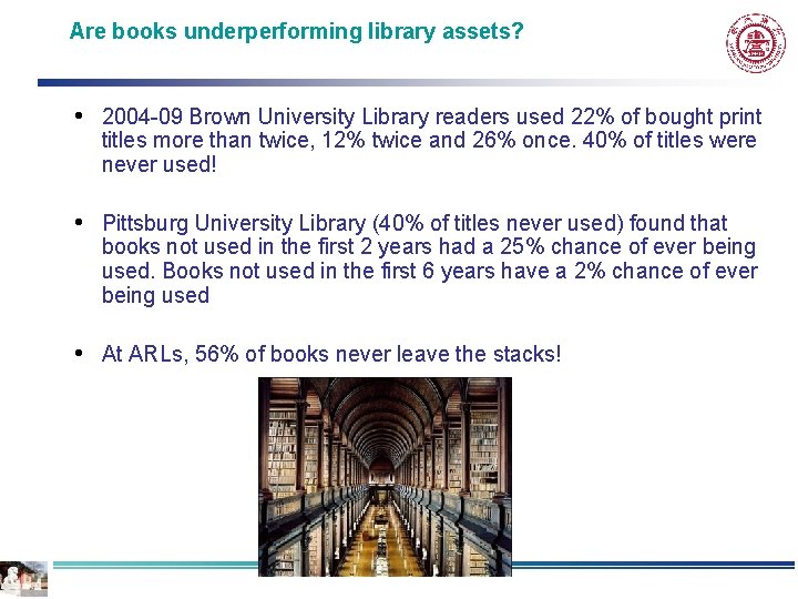 Are books underperforming library assets? • 2004 -09 Brown University Library readers used 22%