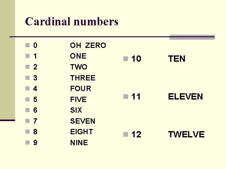 Cardinal numbers n 0 n 1 n 2 n 3 n 4 n 5