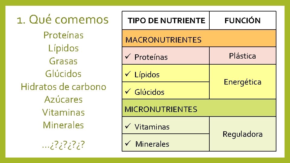 1. Qué comemos Proteínas Lípidos Grasas Glúcidos Hidratos de carbono Azúcares Vitaminas Minerales …¿?