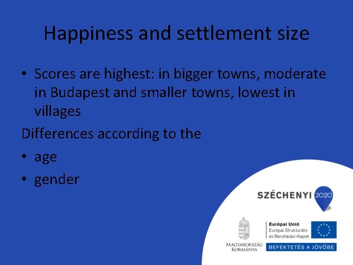 Happiness and settlement size • Scores are highest: in bigger towns, moderate in Budapest