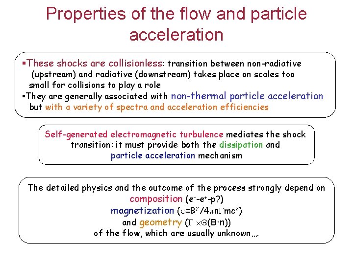 Properties of the flow and particle acceleration §These shocks are collisionless: transition between non-radiative