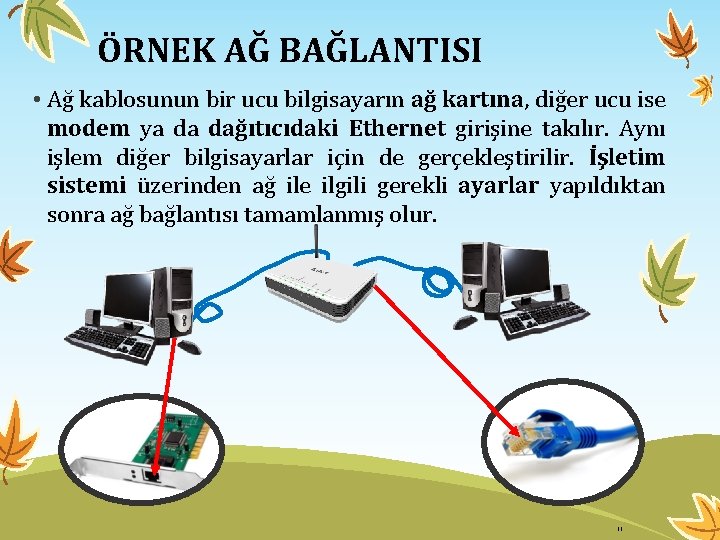 ÖRNEK AĞ BAĞLANTISI • Ağ kablosunun bir ucu bilgisayarın ağ kartına, diğer ucu ise