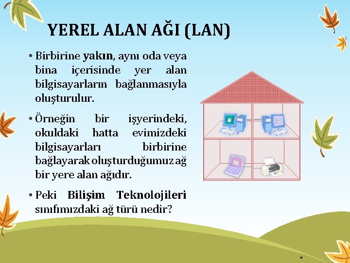 YEREL ALAN AĞI (LAN) • Birbirine yakın, aynı oda veya bina içerisinde yer alan