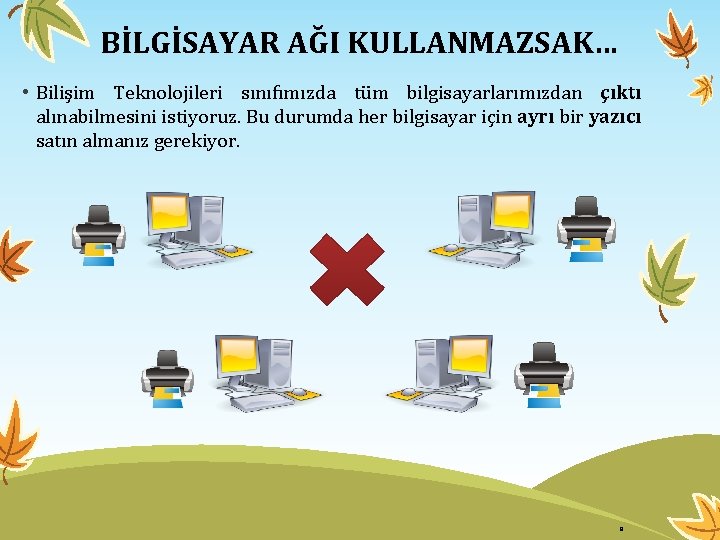 BİLGİSAYAR AĞI KULLANMAZSAK… • Bilişim Teknolojileri sınıfımızda tüm bilgisayarlarımızdan çıktı alınabilmesini istiyoruz. Bu durumda