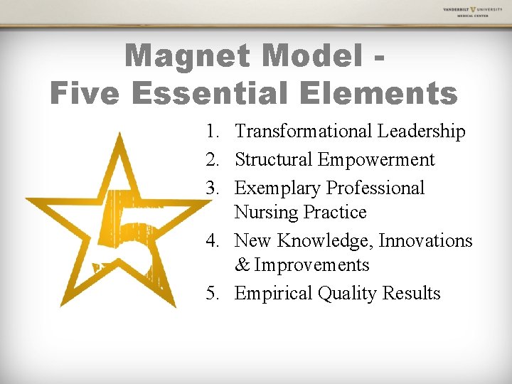 Magnet Model Five Essential Elements 1. Transformational Leadership 2. Structural Empowerment 3. Exemplary Professional