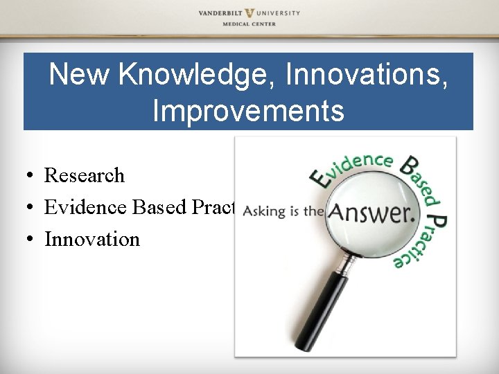 New Knowledge, Innovations, Improvements • Research • Evidence Based Practice • Innovation 
