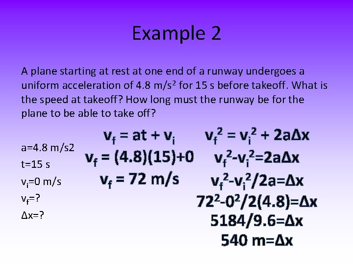 Example 2 A plane starting at rest at one end of a runway undergoes