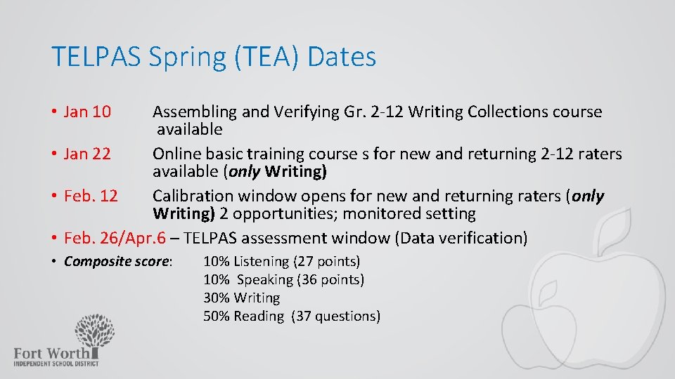 TELPAS Spring (TEA) Dates • Jan 10 Assembling and Verifying Gr. 2 -12 Writing