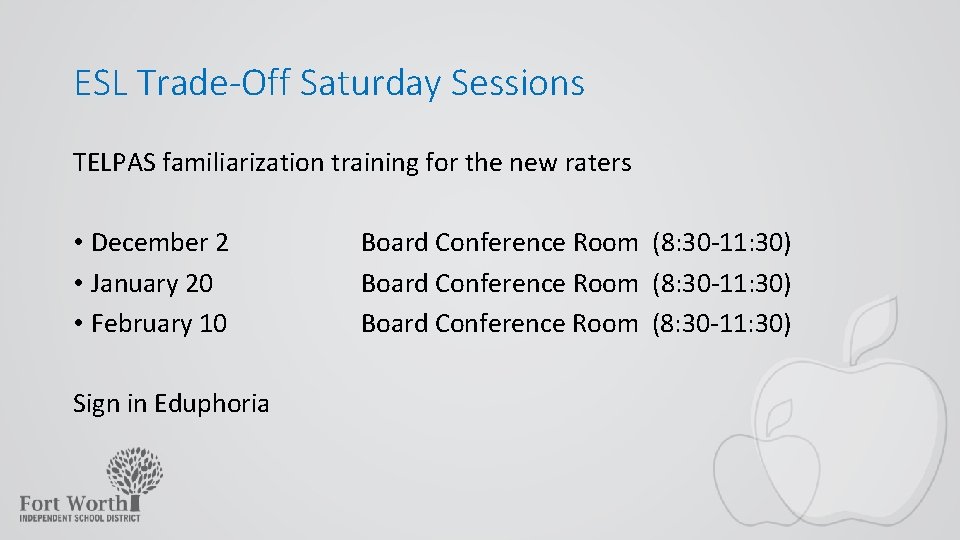 ESL Trade-Off Saturday Sessions TELPAS familiarization training for the new raters • December 2