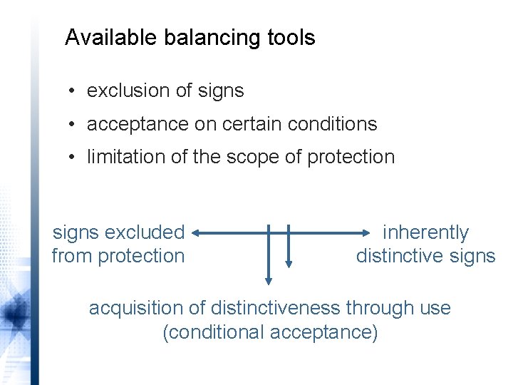 Available balancing tools • exclusion of signs • acceptance on certain conditions • limitation