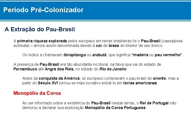 Período Pré-Colonizador A Extração do Pau-Brasil A primeira riqueza explorada pelos europeus em terras