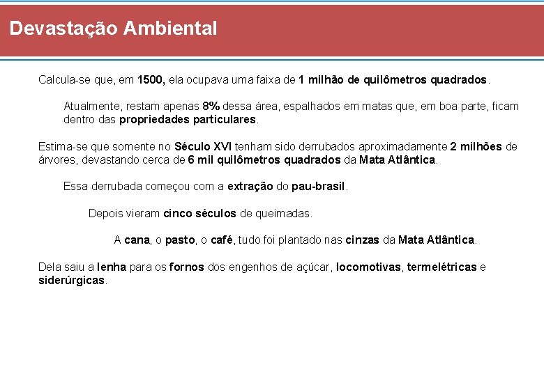 Devastação Ambiental Calcula-se que, em 1500, ela ocupava uma faixa de 1 milhão de