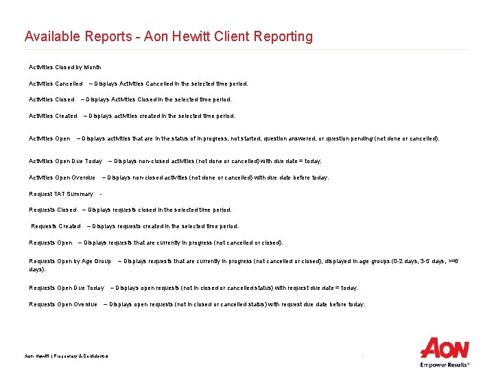 Available Reports - Aon Hewitt Client Reporting Activities Closed by Month Activities Cancelled Activities