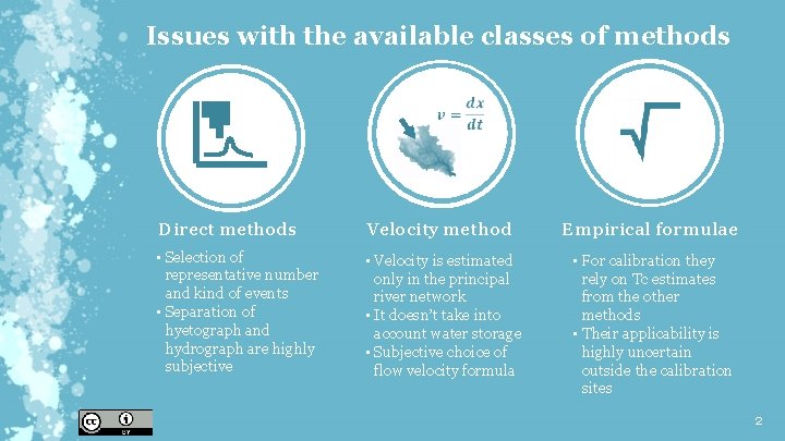 Issues with the available classes of methods Direct methods Velocity method Empirical formulae •