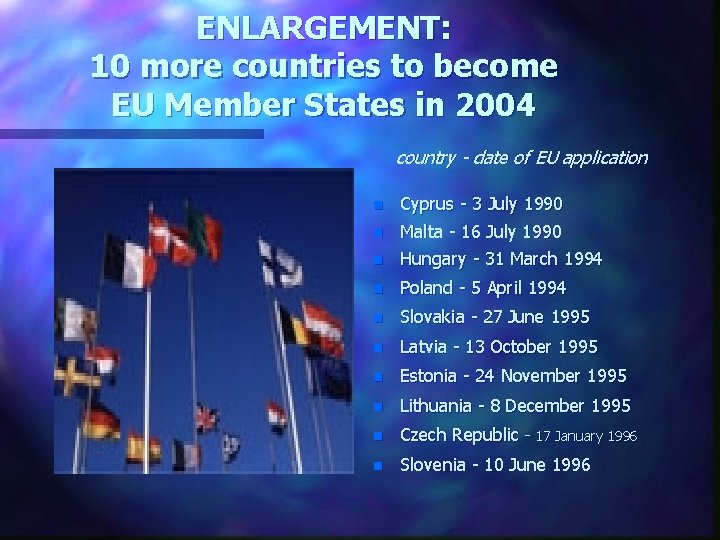ENLARGEMENT: 10 more countries to become EU Member States in 2004 country - date