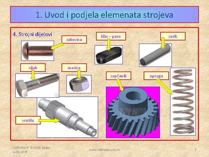 1. Uvod i podjela elemenata strojeva 4. Strojni dijelovi vijak zakovica klin – pero