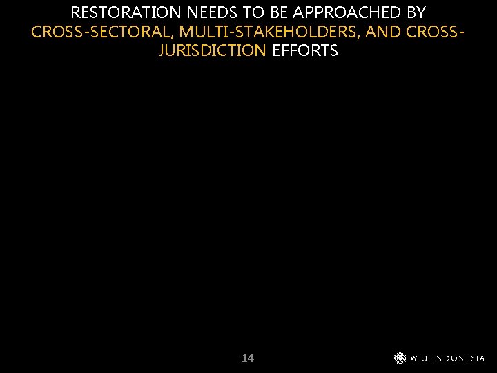 RESTORATION NEEDS TO BE APPROACHED BY CROSS-SECTORAL, MULTI-STAKEHOLDERS, AND CROSSJURISDICTION EFFORTS 14 