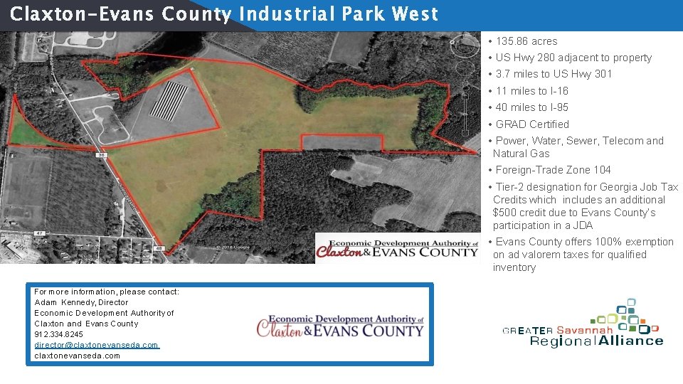 Claxton-Evans County Industrial Park West • 135. 86 acres • US Hwy 280 adjacent