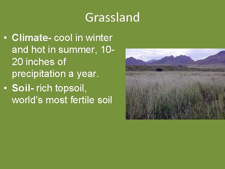 Grassland • Climate- cool in winter and hot in summer, 1020 inches of precipitation