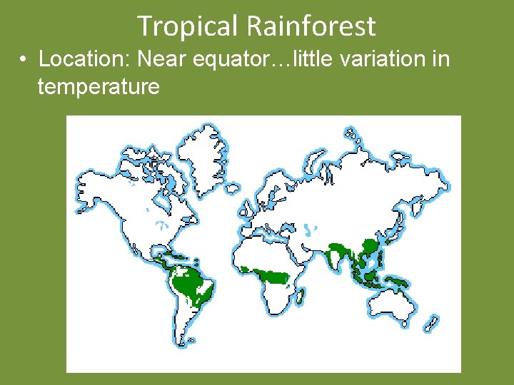 Tropical Rainforest • Location: Near equator…little variation in temperature 