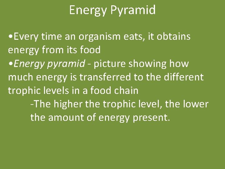 Energy Pyramid • Every time an organism eats, it obtains energy from its food