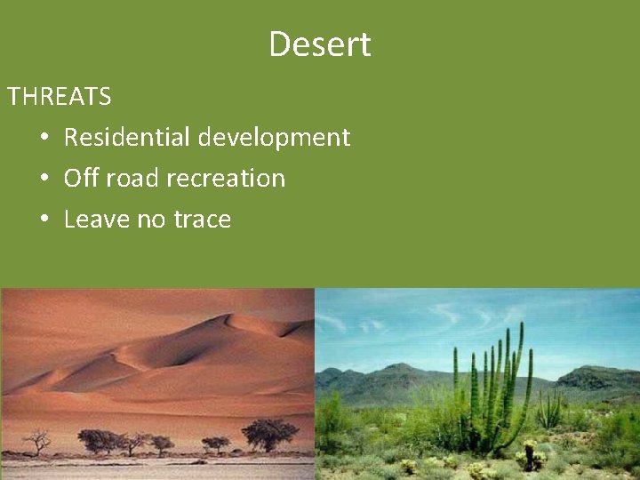 Desert THREATS • Residential development • Off road recreation • Leave no trace 
