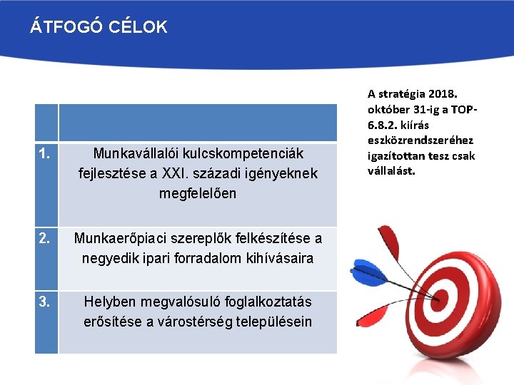 ÁTFOGÓ CÉLOK 1. Munkavállalói kulcskompetenciák fejlesztése a XXI. századi igényeknek megfelelően 2. Munkaerőpiaci szereplők