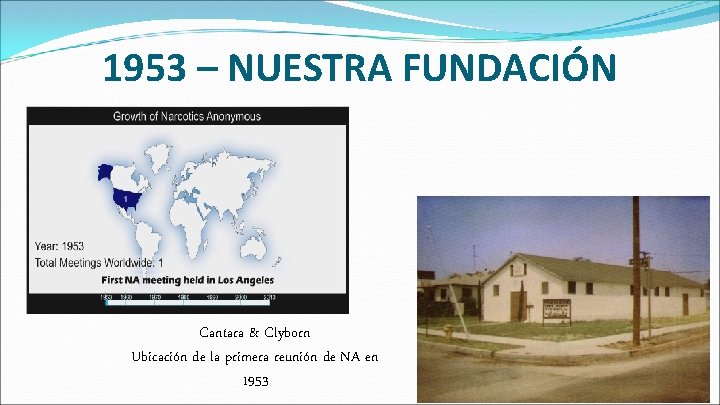 1953 – NUESTRA FUNDACIÓN Cantara & Clyborn Ubicación de la primera reunión de NA