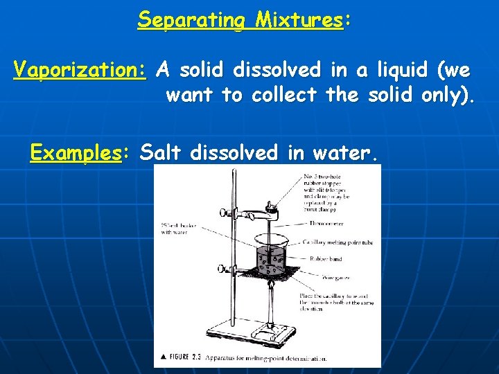 Separating Mixtures: Vaporization: A solid dissolved in a liquid (we want to collect the